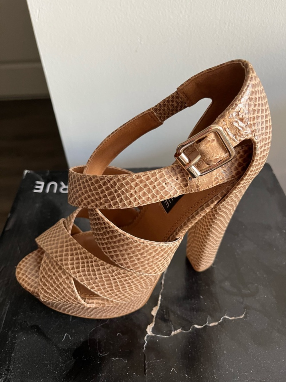 Isabella Rue Woven Strappy High Heel Sandal in Tan